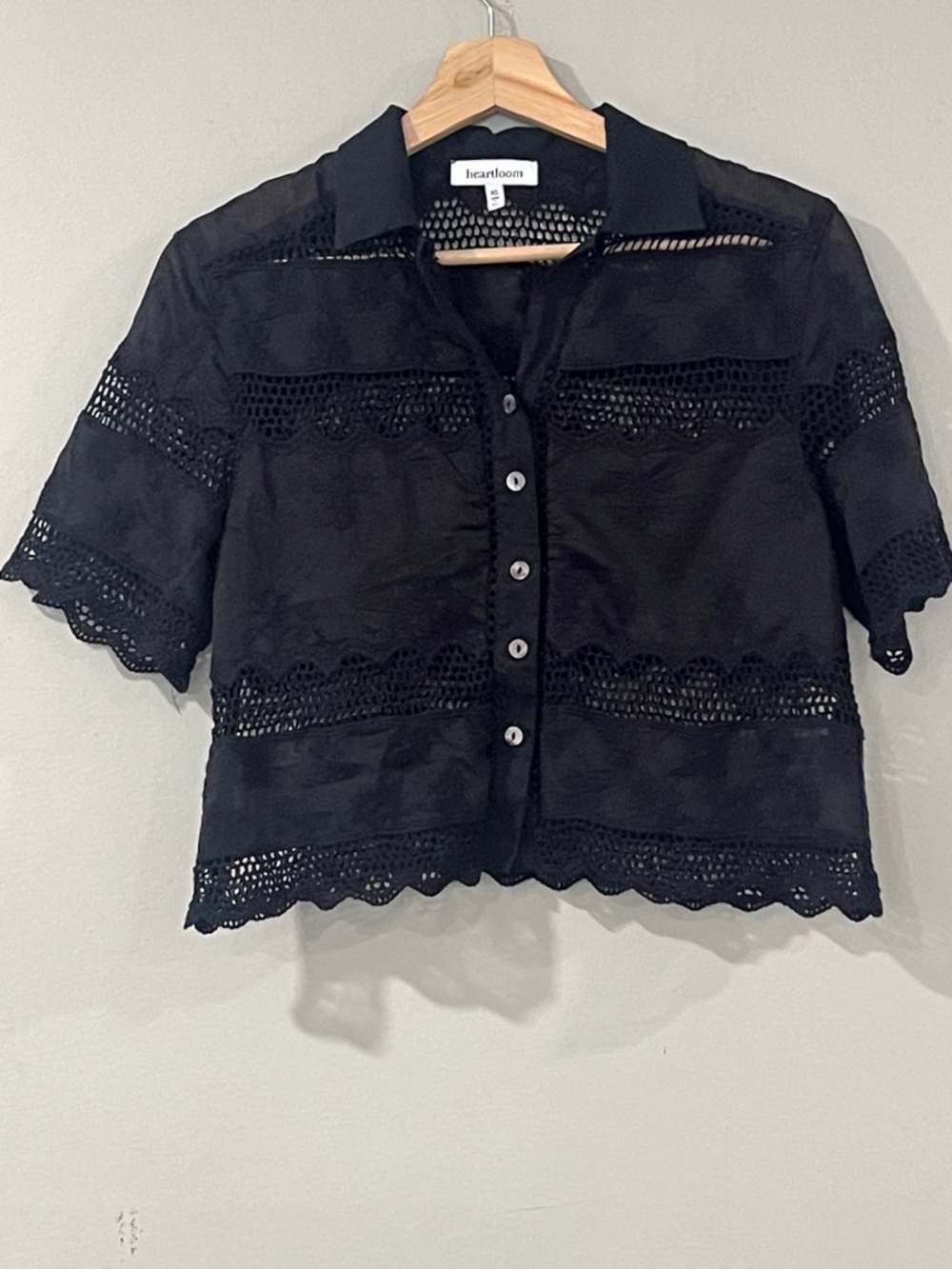 Heartloom Black Crochet-Trim Button Front Short Sleeve Top